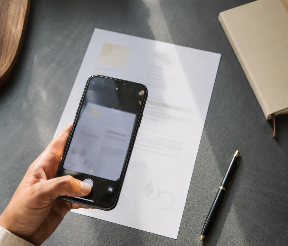 Ein Dokument wird für eine schnelle Anfrage mit dem Smartphone fotografiert