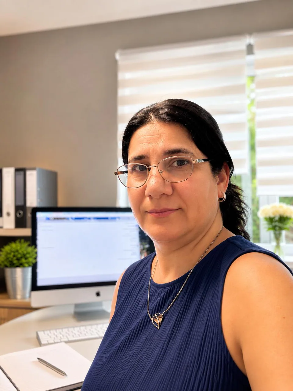Saiga Abbasova an ihrem Schreibtisch in Bad Oeynhausen