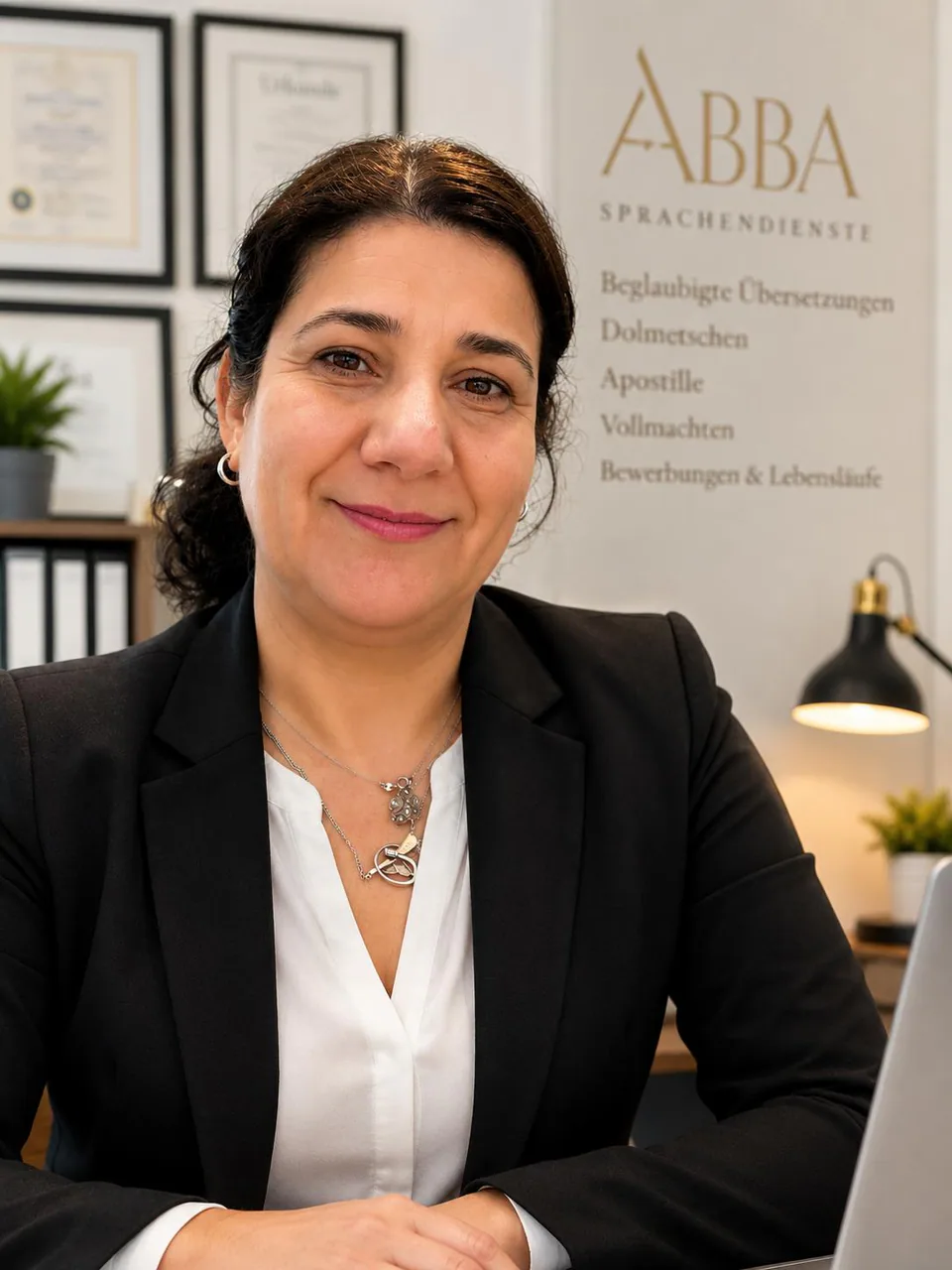 Saiga Abbasova an ihrem Arbeitsplatz vor der Markenwand von ABBA-Sprachendienste