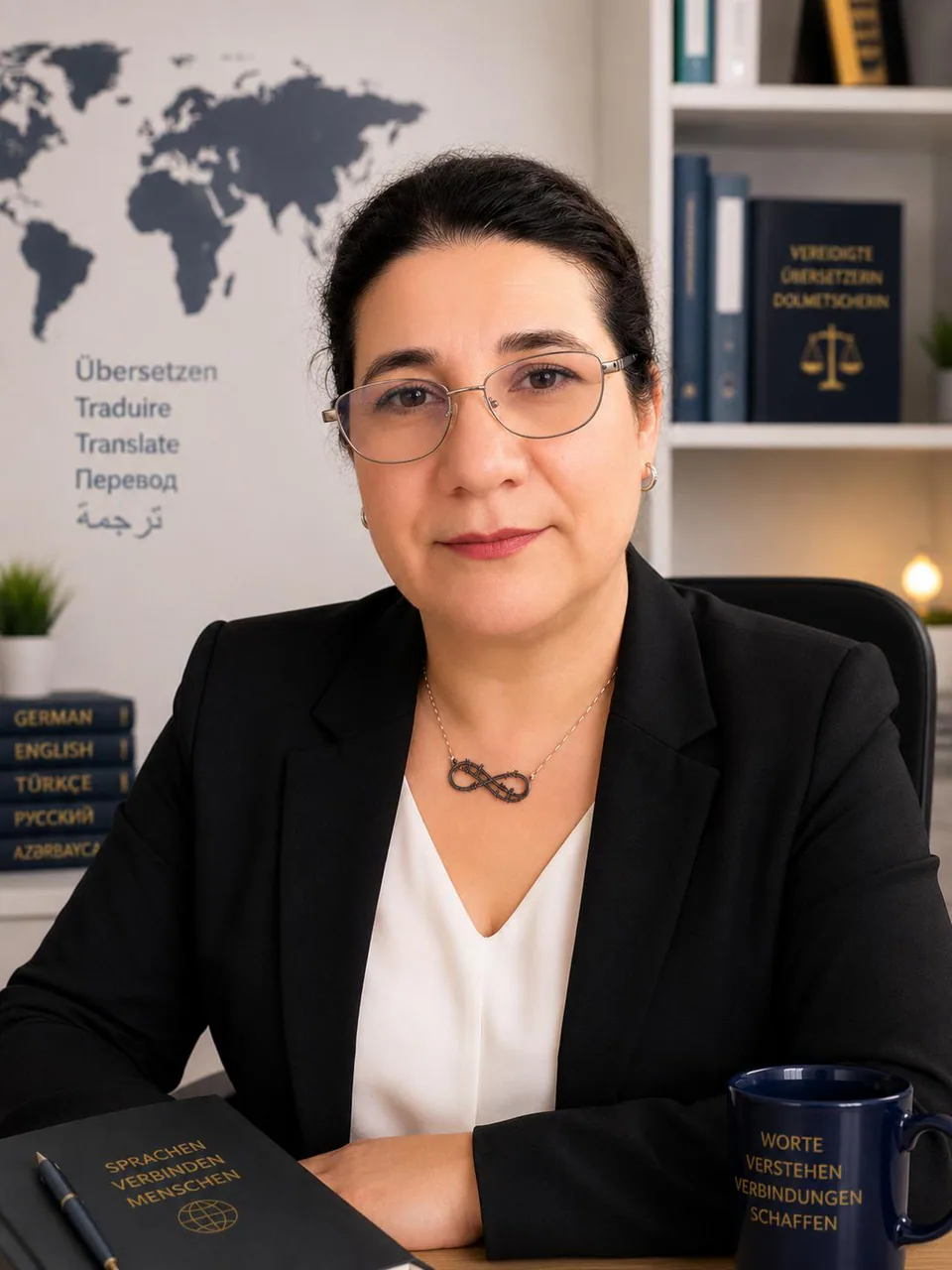 Saiga Abbasova in einer Arbeitsumgebung mit Hinweisen auf verschiedene Sprachen