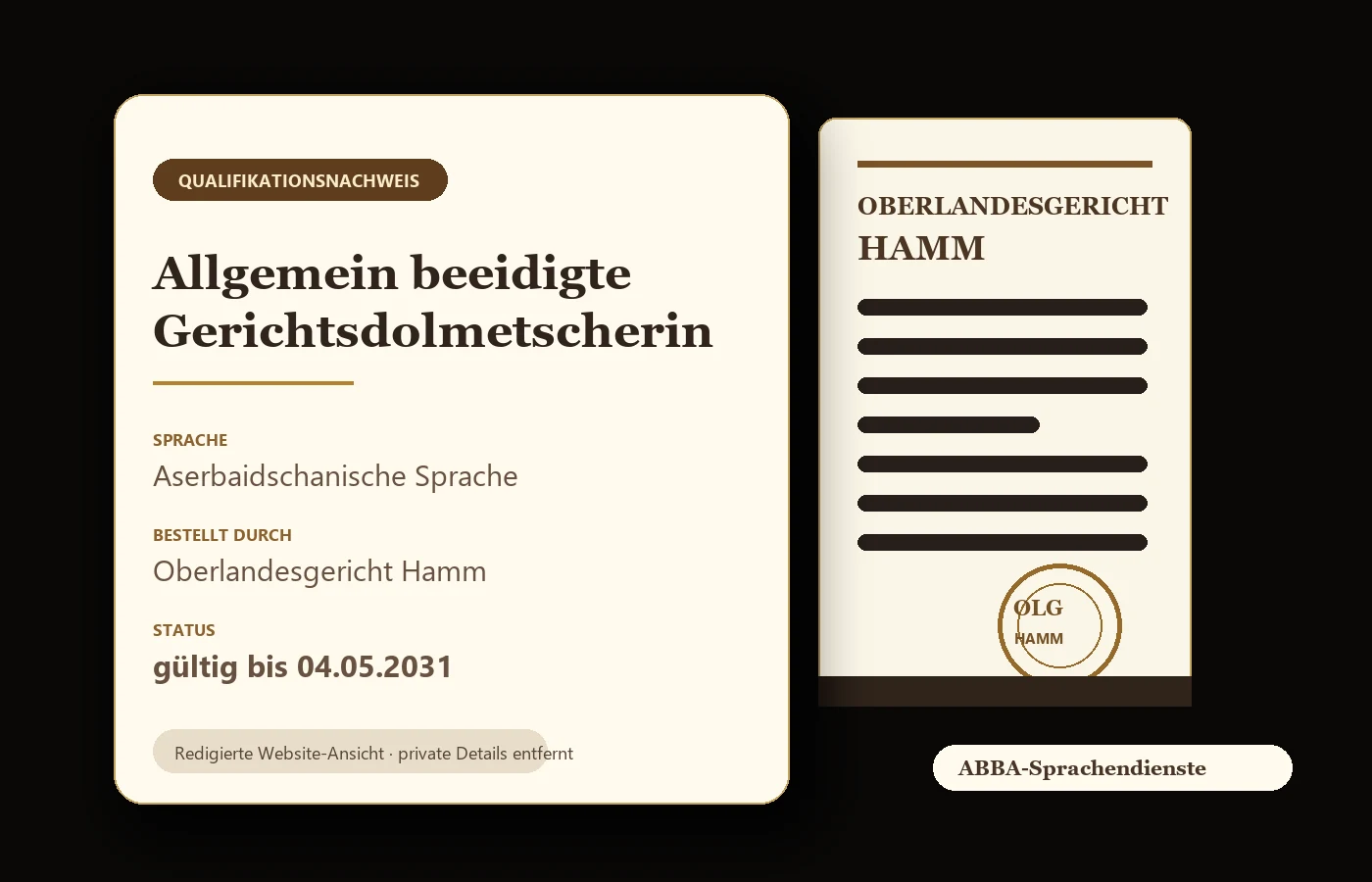 Redigierter Nachweis als allgemein beeidigte Gerichtsdolmetscherin für Aserbaidschanisch am Oberlandesgericht Hamm