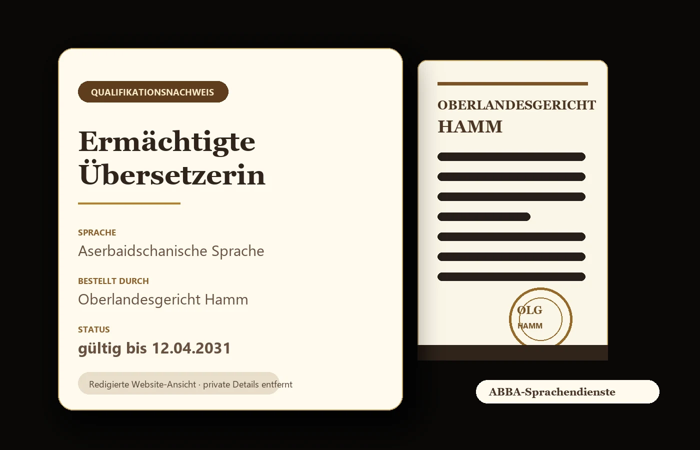 Redigierter Nachweis als ermächtigte Übersetzerin für Aserbaidschanisch am Oberlandesgericht Hamm